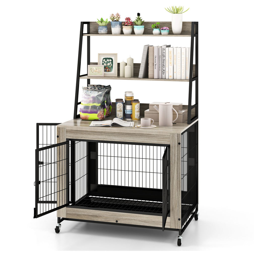 Industrial Dog Crate with Storage Shelves and 3 Doors