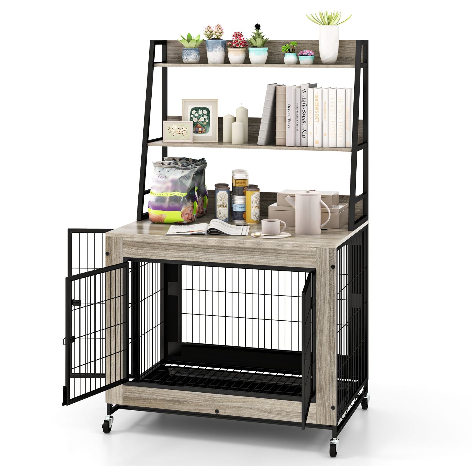 Industrial Dog Crate with Storage Shelves and 3 Doors