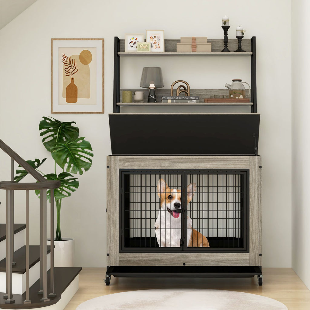 Industrial Dog Crate with Storage Shelves and 3 Doors