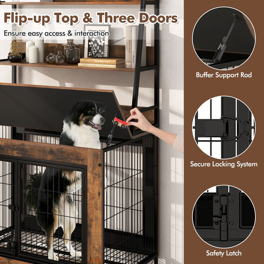 Industrial Dog Crate with Storage Shelves and 3 Doors