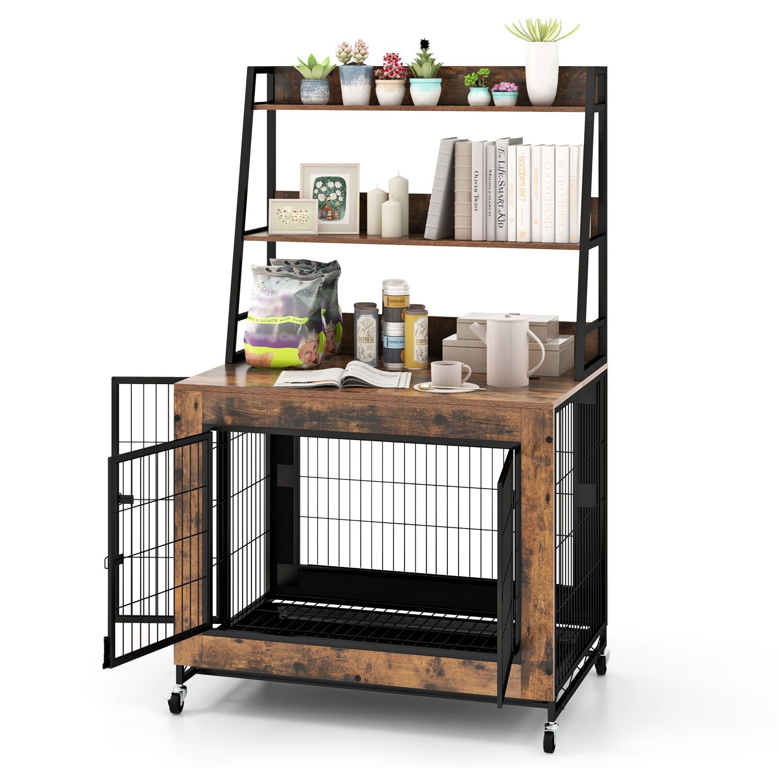 Industrial Dog Crate with Storage Shelves and 3 Doors