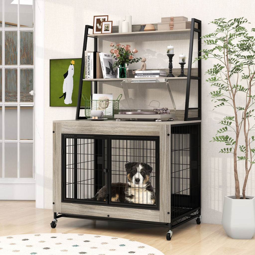 Industrial Dog Crate with Storage Shelves and 3 Doors