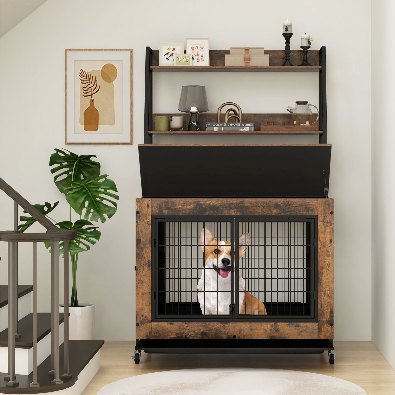 Industrial Dog Crate with Storage Shelves and 3 Doors
