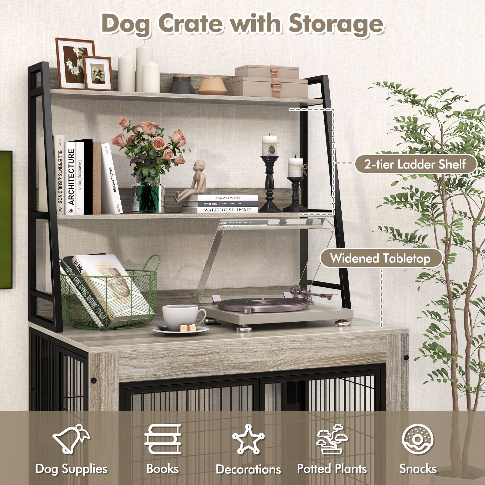 Industrial Dog Crate with Storage Shelves and 3 Doors
