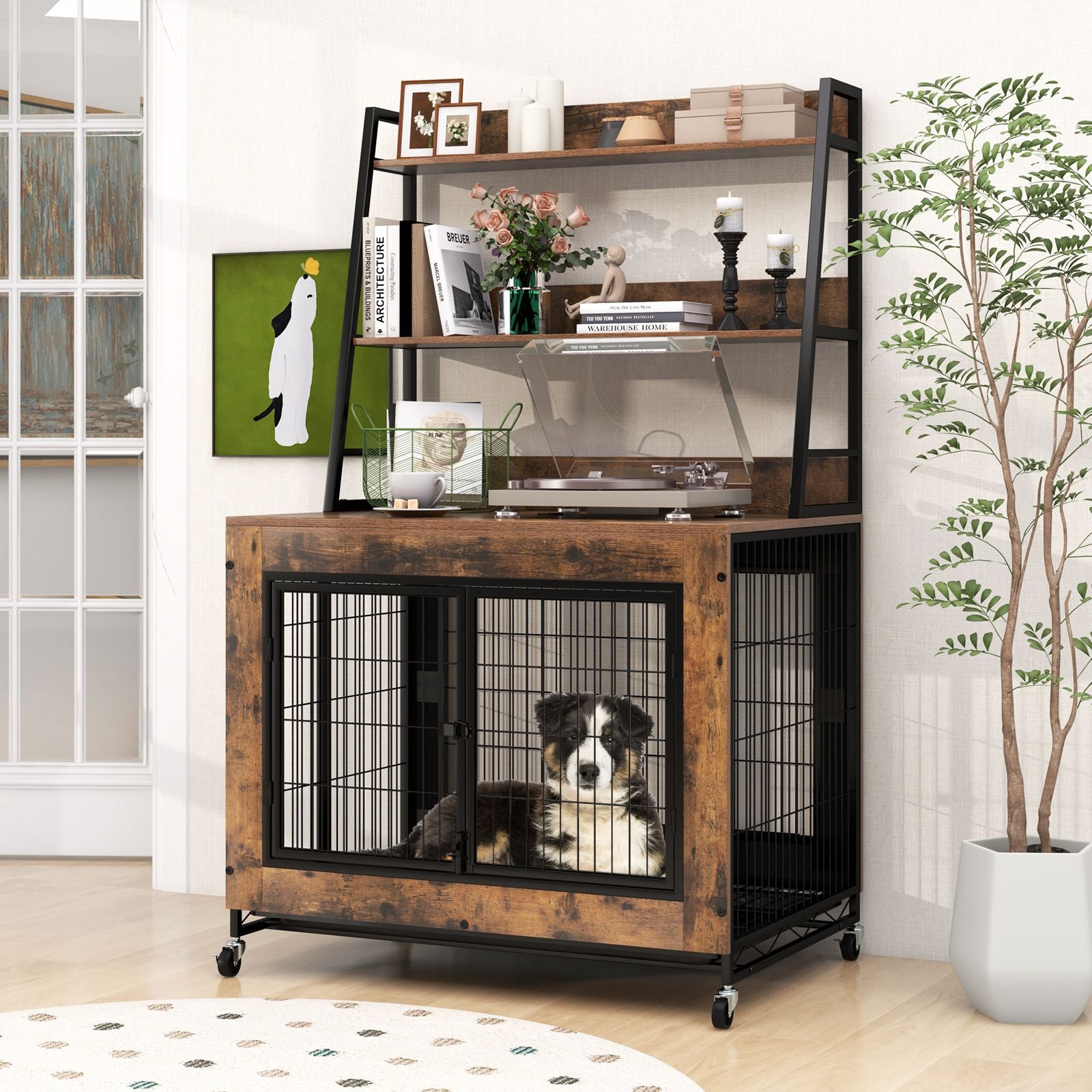 Industrial Dog Crate with Storage Shelves and 3 Doors
