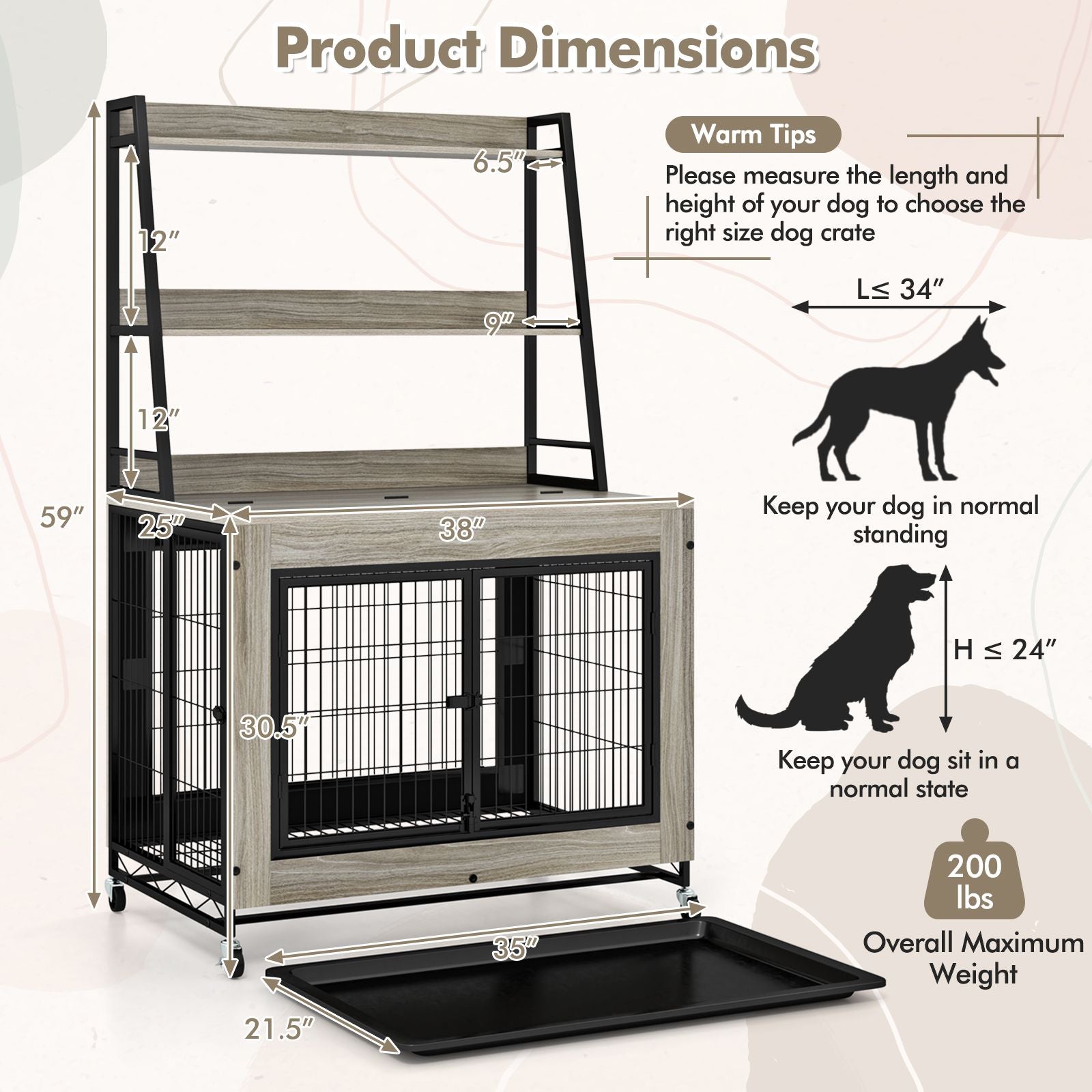 Industrial Dog Crate with Storage Shelves and 3 Doors