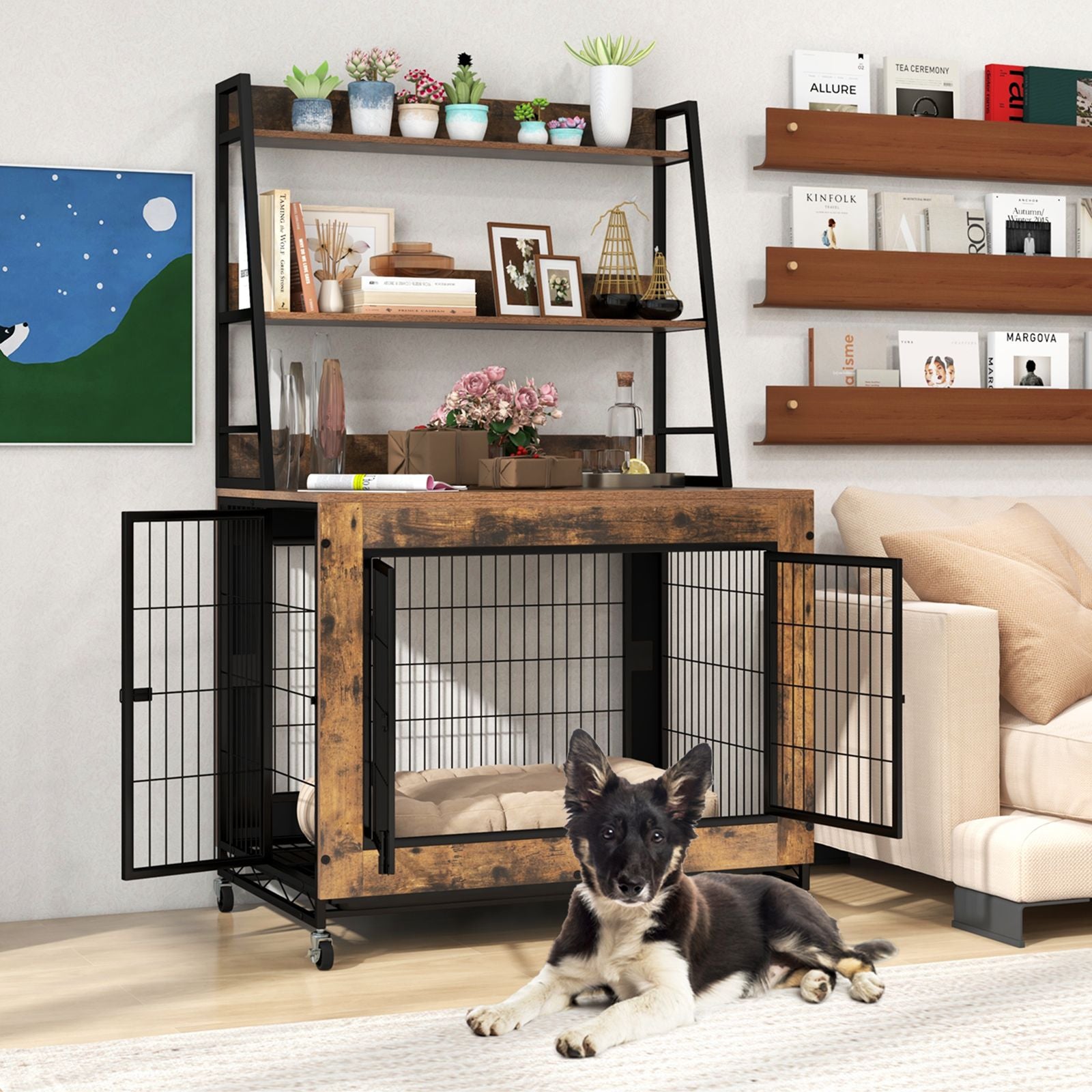 Industrial Dog Crate with Storage Shelves and 3 Doors