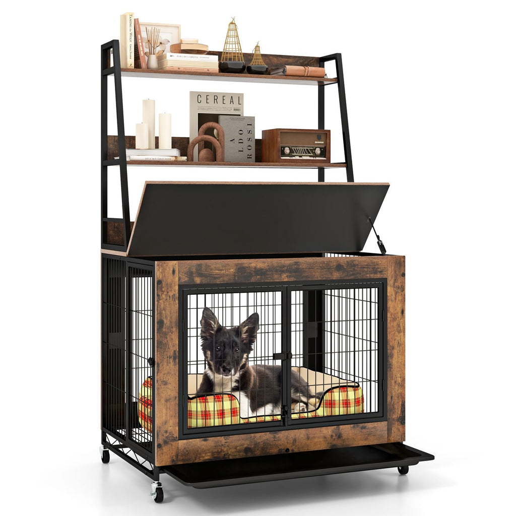 Industrial Dog Crate with Storage Shelves and 3 Doors