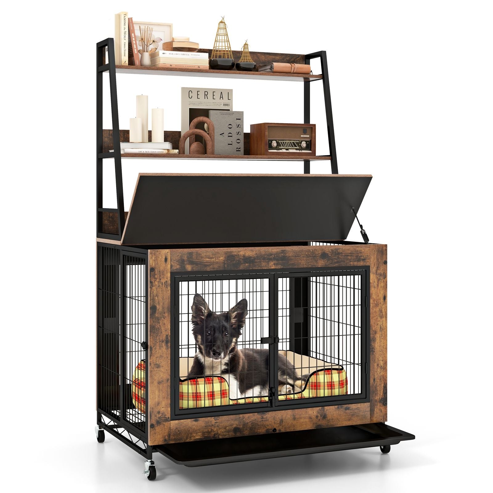 Industrial Dog Crate with Storage Shelves and 3 Doors