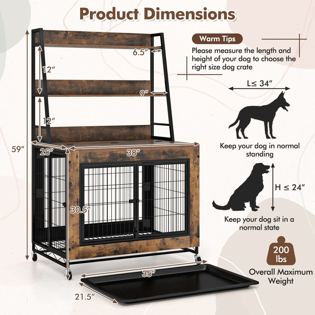 Industrial Dog Crate with Storage Shelves and 3 Doors