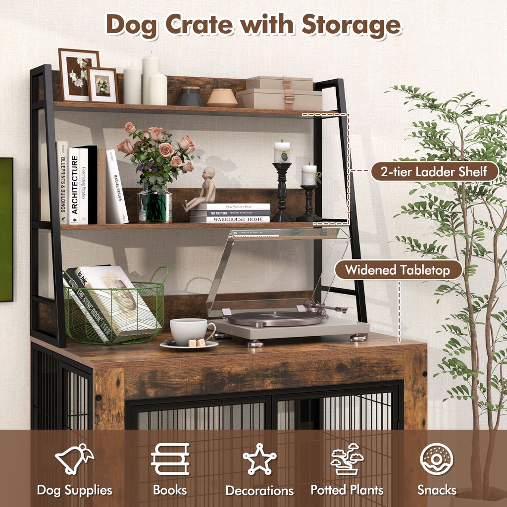 Industrial Dog Crate with Storage Shelves and 3 Doors