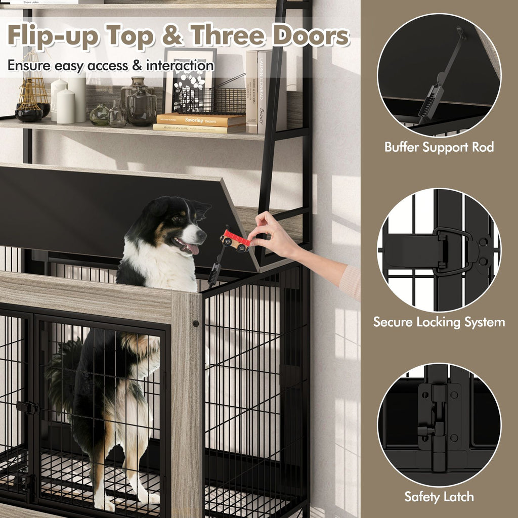 Industrial Dog Crate with Storage Shelves and 3 Doors