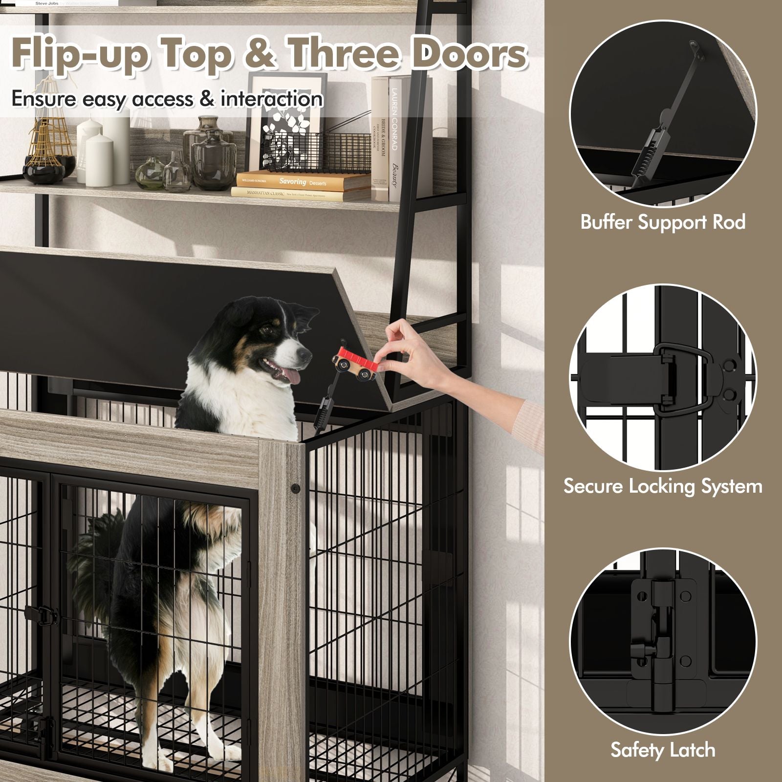 Industrial Dog Crate with Storage Shelves and 3 Doors