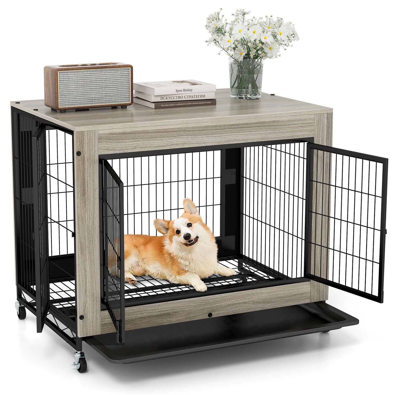Industrial Dog Kennel with Flip-up Top 3 Lockable Doors and Removable Tray