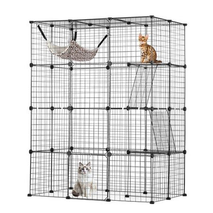 Large 4-tier Cat Cage, 41 x 28 x 55", Detachable Metal Wire Cat Enclosure, with 4 Front Doors Hammock Ramp ladders, Indoor & Outdoor Crate Exercise Place Ideal for Kitty, Small Animals, Black