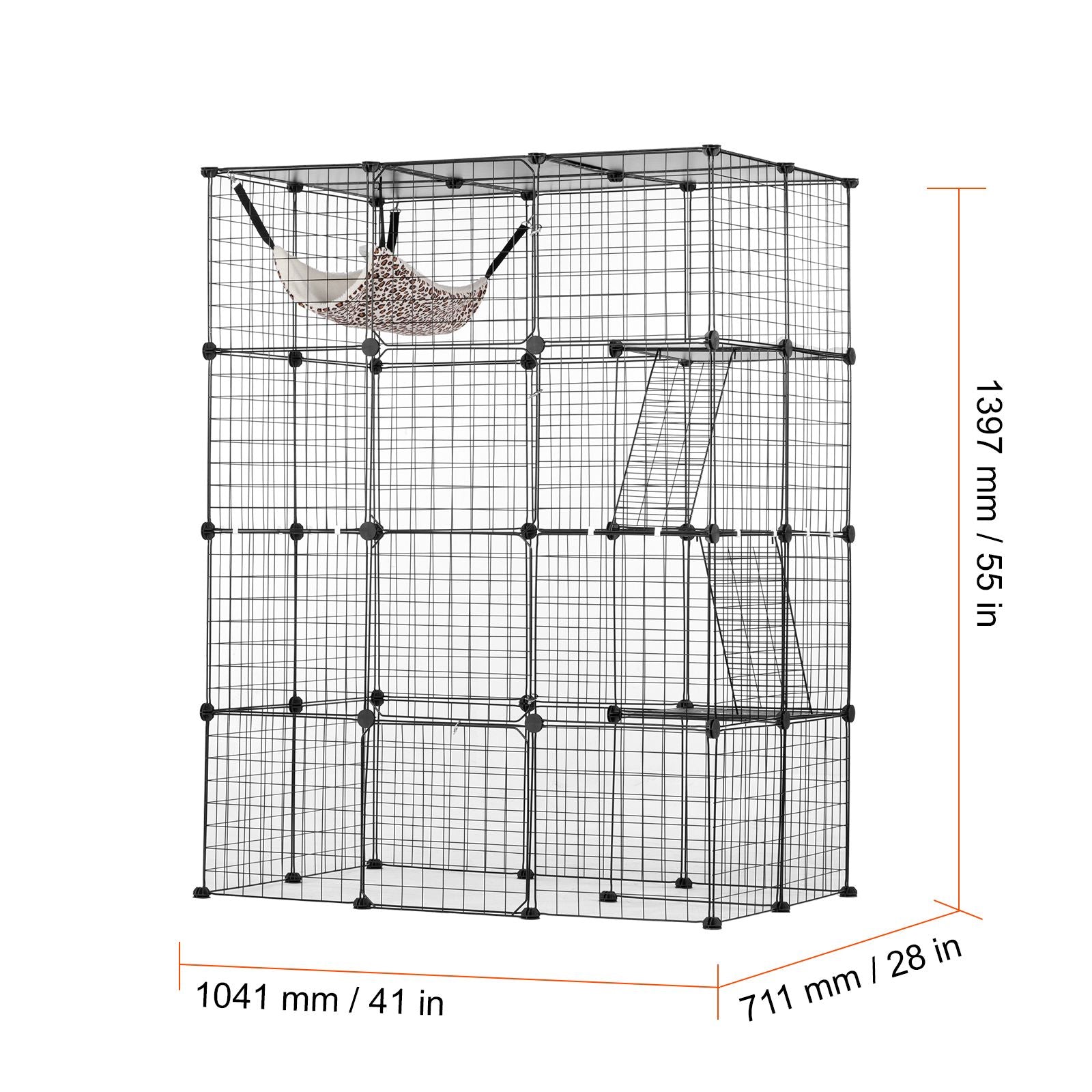 Large 4-tier Cat Cage, 41 x 28 x 55", Detachable Metal Wire Cat Enclosure, with 4 Front Doors Hammock Ramp ladders, Indoor & Outdoor Crate Exercise Place Ideal for Kitty, Small Animals, Black