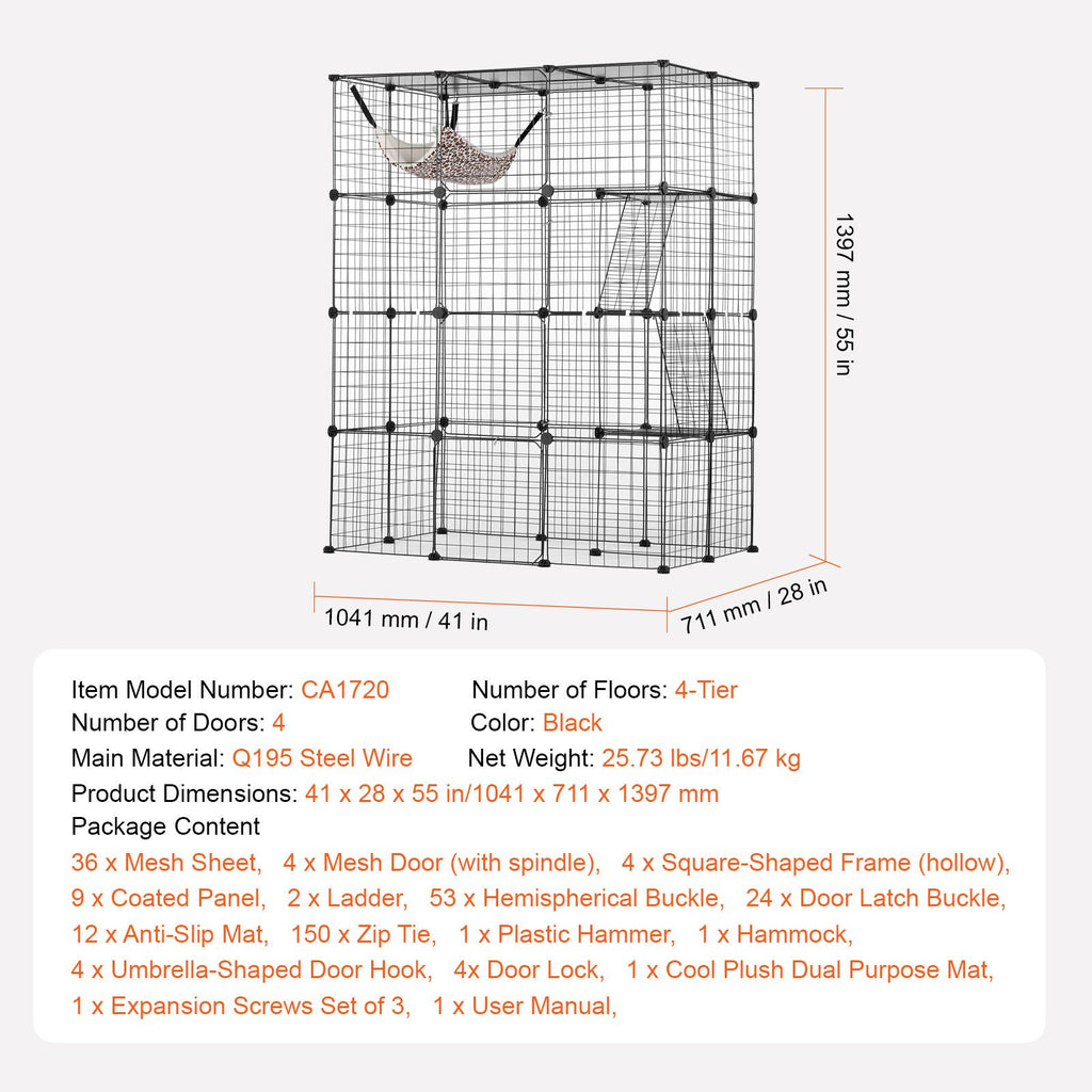 Large 4-tier Cat Cage, 41 x 28 x 55", Detachable Metal Wire Cat Enclosure, with 4 Front Doors Hammock Ramp ladders, Indoor & Outdoor Crate Exercise Place Ideal for Kitty, Small Animals, Black