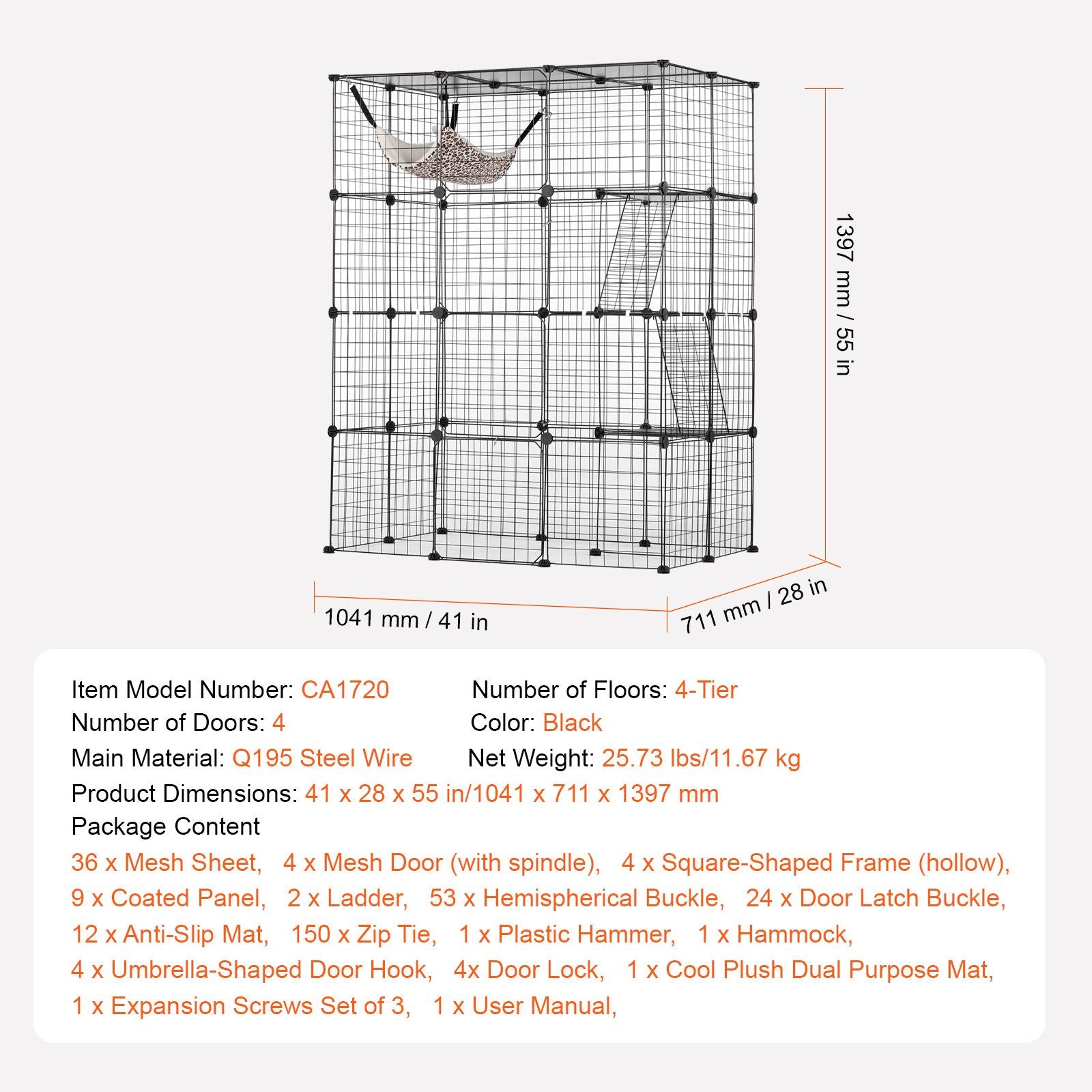 Large 4-tier Cat Cage, 41 x 28 x 55", Detachable Metal Wire Cat Enclosure, with 4 Front Doors Hammock Ramp ladders, Indoor & Outdoor Crate Exercise Place Ideal for Kitty, Small Animals, Black