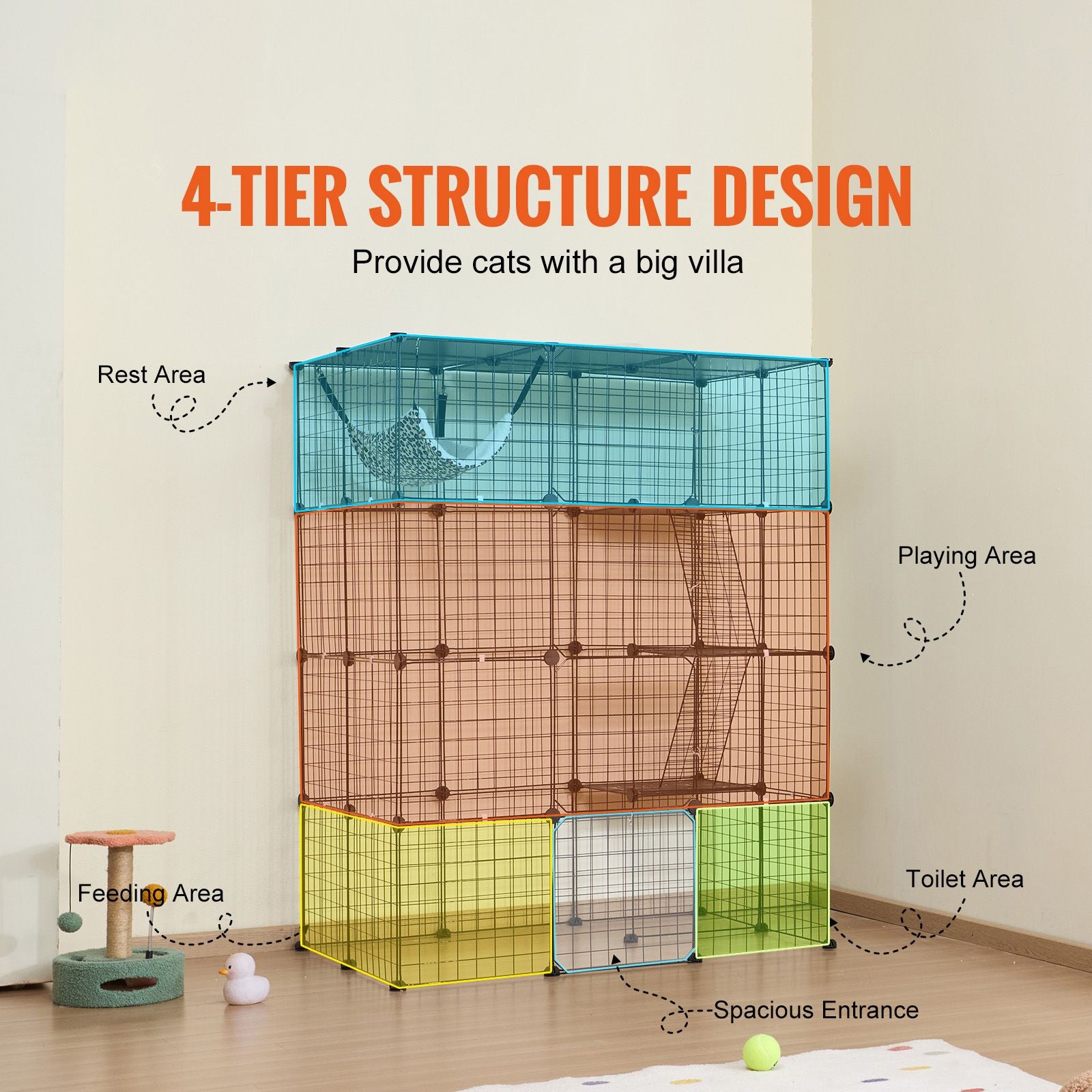 Large 4-tier Cat Cage, 41 x 28 x 55", Detachable Metal Wire Cat Enclosure, with 4 Front Doors Hammock Ramp ladders, Indoor & Outdoor Crate Exercise Place Ideal for Kitty, Small Animals, Black