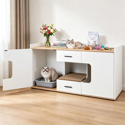 Cat Litter Box Enclosure with Storage Drawers and Scratching Board