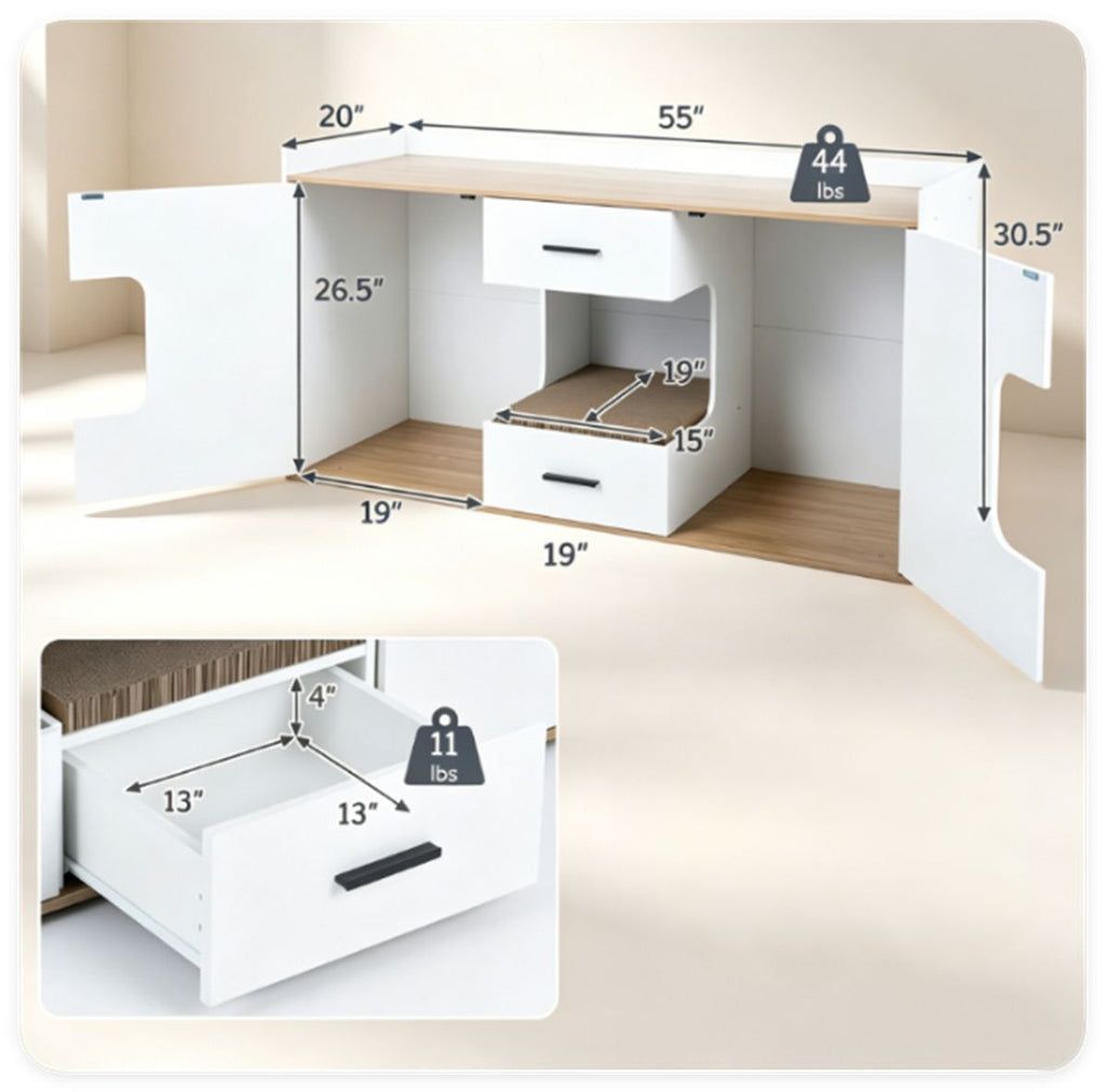 Large Cat Litter Box Enclosure Furniture with Storage Drawers & Built-In Scratching Board, Hidden Cat Washroom Cabinet with Anti-Tipping Kit for Living Room Bedroom