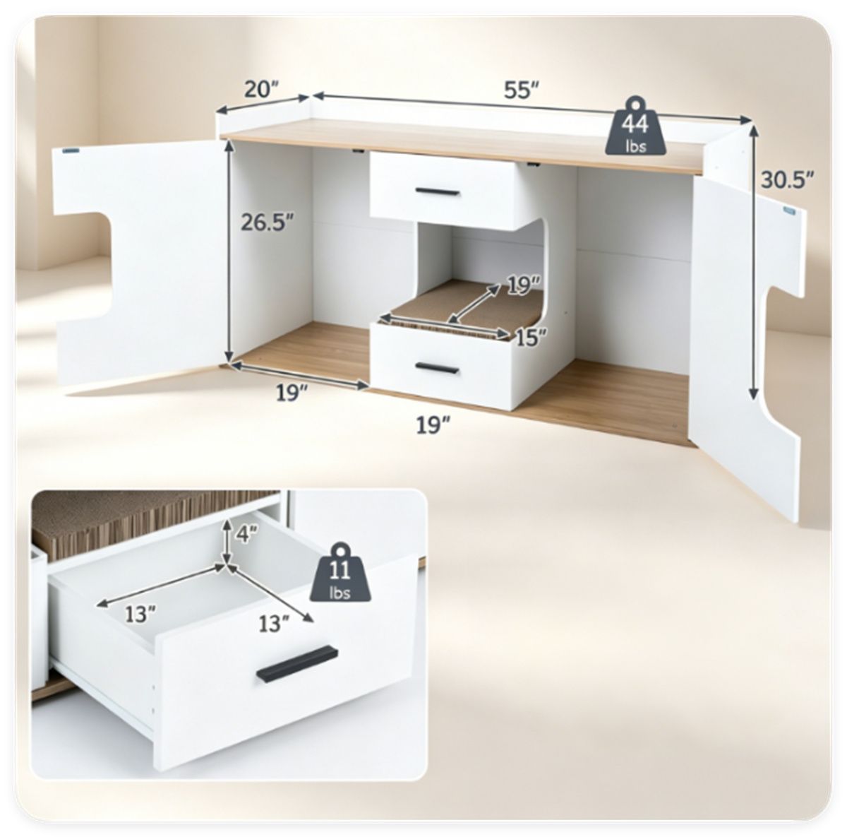 Large Cat Litter Box Enclosure Furniture with Storage Drawers & Built-In Scratching Board, Hidden Cat Washroom Cabinet with Anti-Tipping Kit for Living Room Bedroom