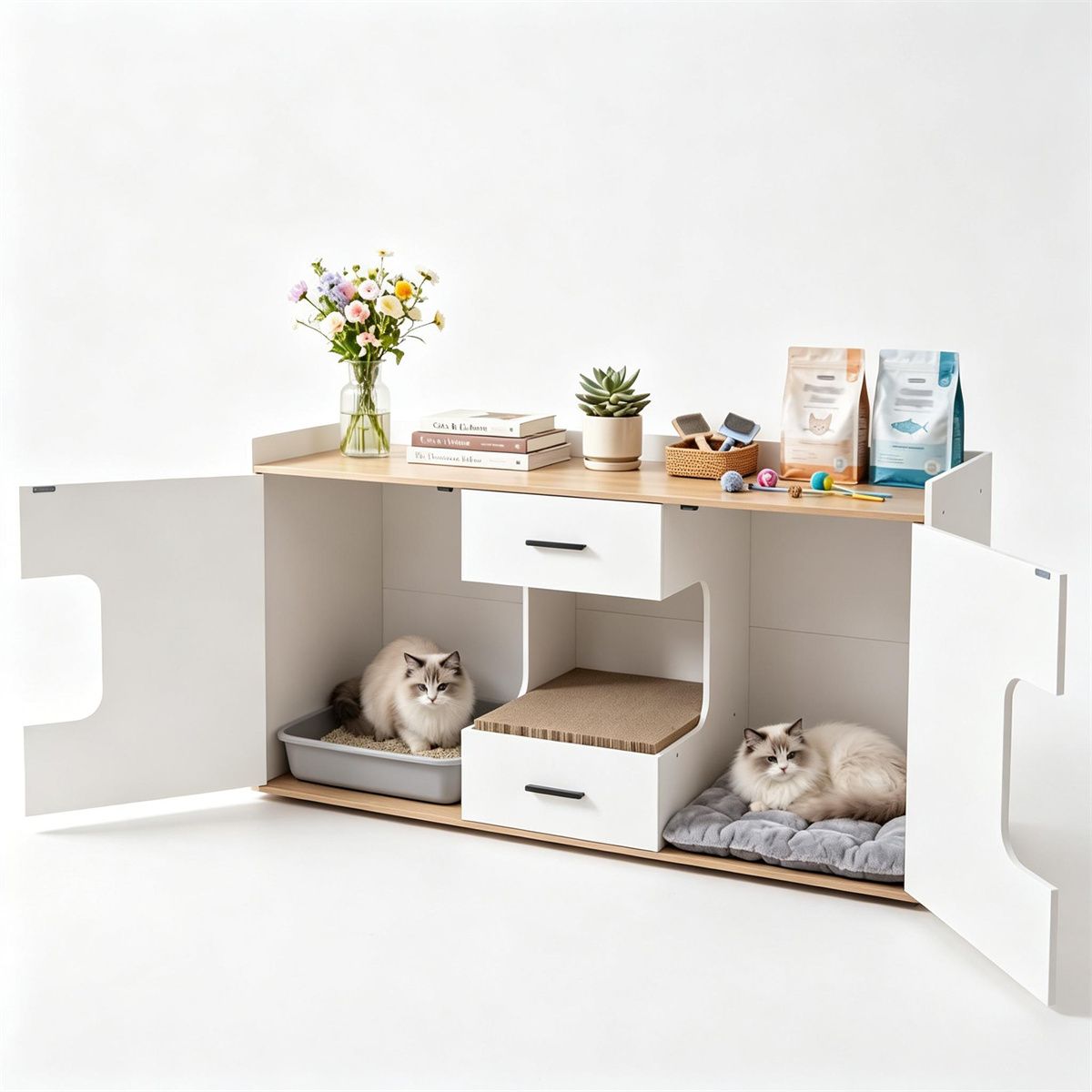 Large Cat Litter Box Enclosure Furniture with Storage Drawers & Built-In Scratching Board, Hidden Cat Washroom Cabinet with Anti-Tipping Kit for Living Room Bedroom
