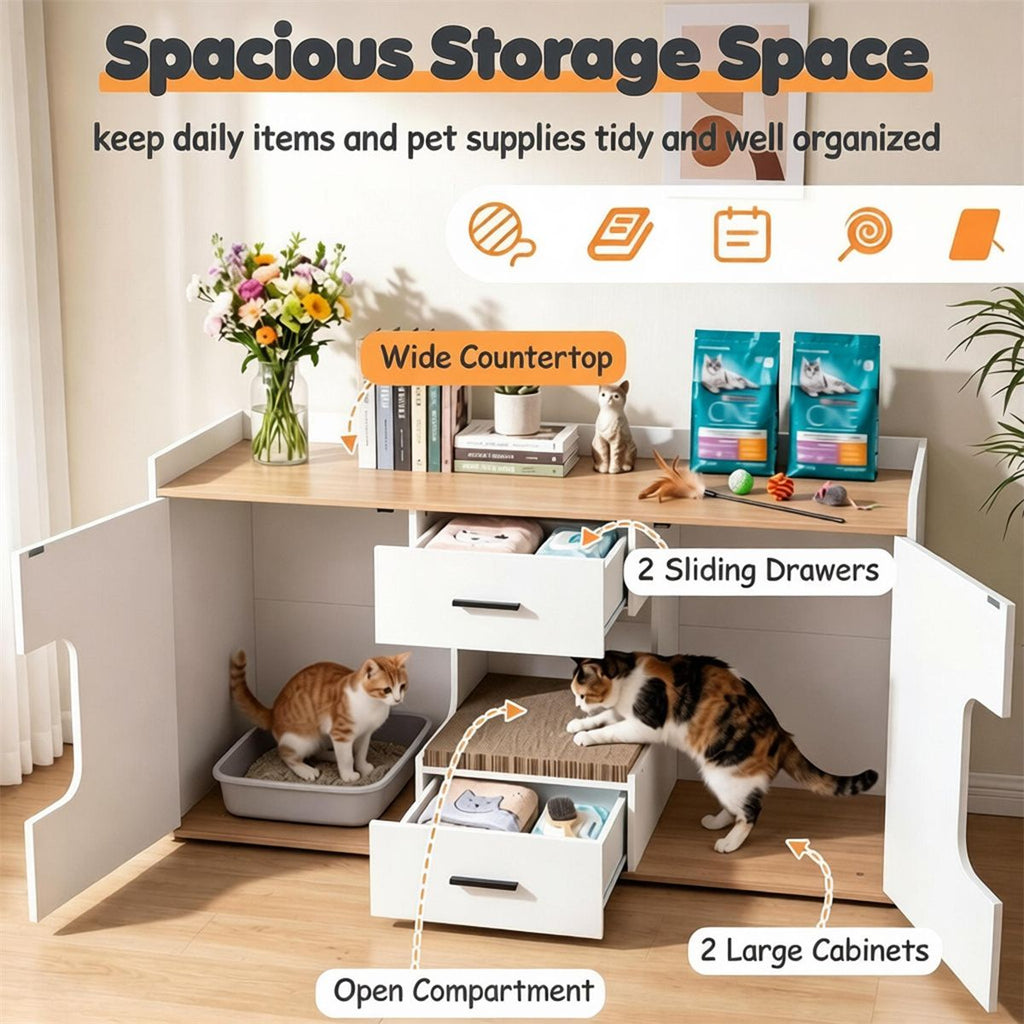 Large Cat Litter Box Enclosure Furniture with Storage Drawers & Built-In Scratching Board, Hidden Cat Washroom Cabinet with Anti-Tipping Kit for Living Room Bedroom