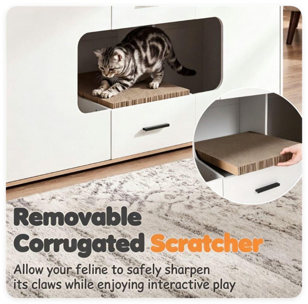 Large Cat Litter Box Enclosure Furniture with Storage Drawers & Built-In Scratching Board, Hidden Cat Washroom Cabinet with Anti-Tipping Kit for Living Room Bedroom
