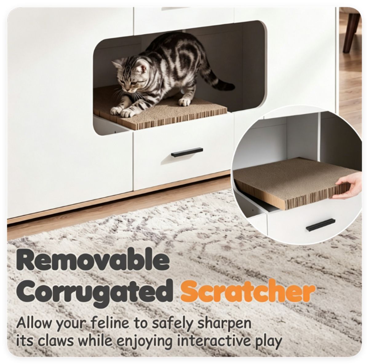 Large Cat Litter Box Enclosure Furniture with Storage Drawers & Built-In Scratching Board, Hidden Cat Washroom Cabinet with Anti-Tipping Kit for Living Room Bedroom