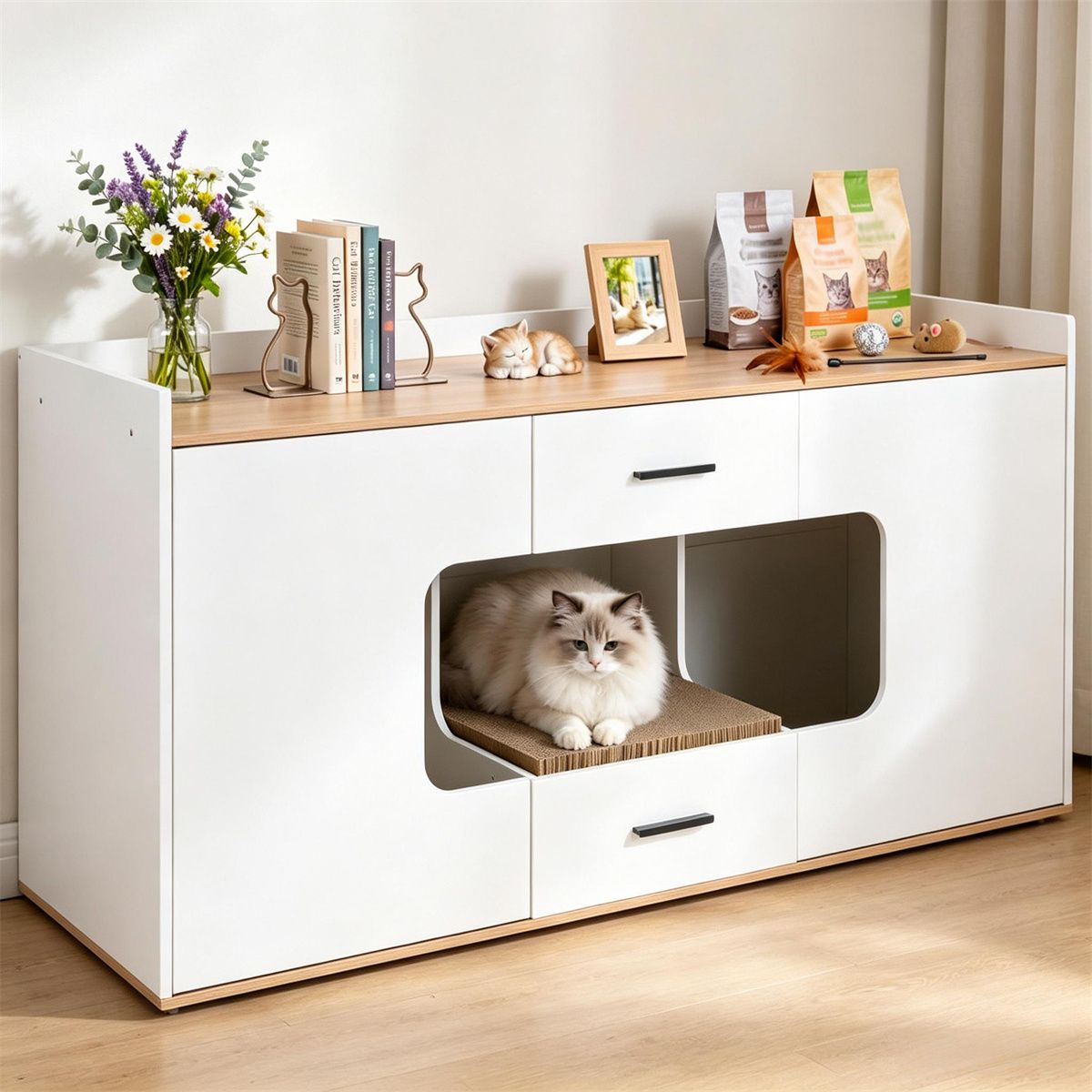 Large Cat Litter Box Enclosure Furniture with Storage Drawers & Built-In Scratching Board, Hidden Cat Washroom Cabinet with Anti-Tipping Kit for Living Room Bedroom