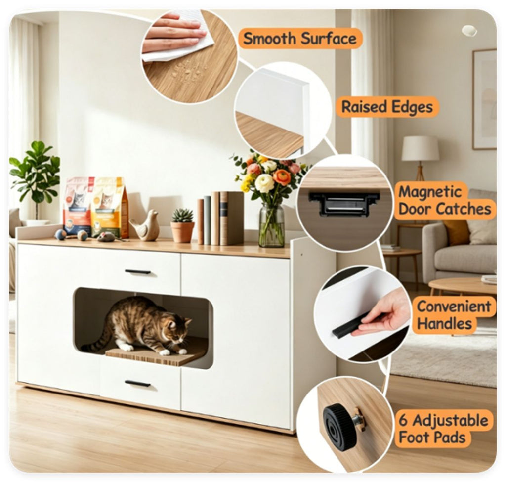 Large Cat Litter Box Enclosure Furniture with Storage Drawers & Built-In Scratching Board, Hidden Cat Washroom Cabinet with Anti-Tipping Kit for Living Room Bedroom
