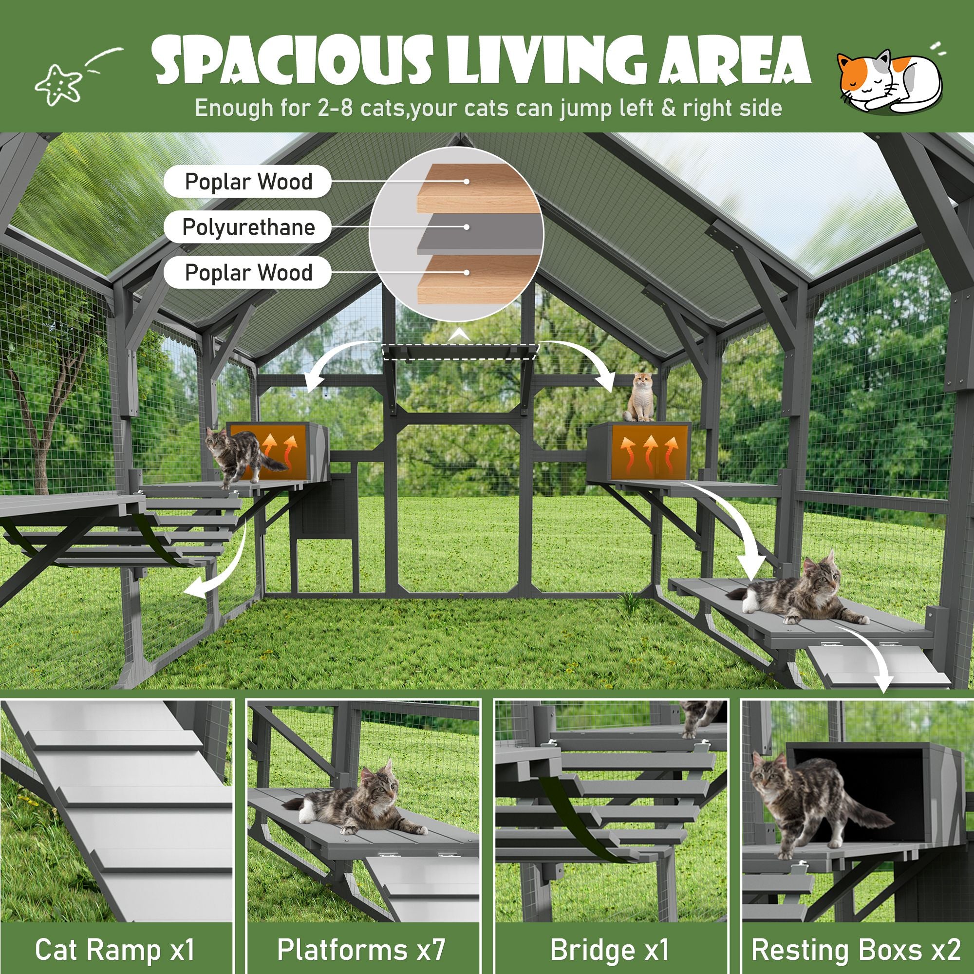 Large furniture-style Catio with 7 Platforms, 2 Resting Boxes, Bridge, and Ramp