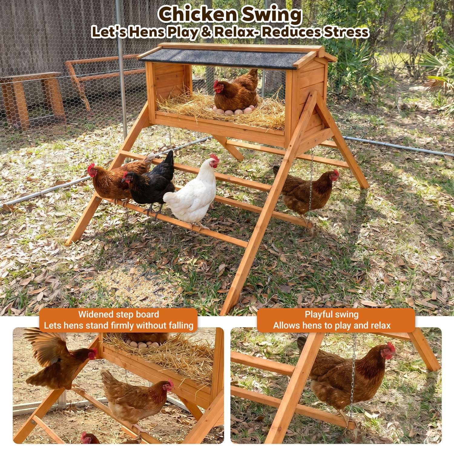 Large Chicken Coop with Upgraded Perches, Wooden Outdoor Chicken Cage with Large Nesting Box, Weatherproof Open Asphalt Roof for quick installation, Duck House, Rabbit Hutch