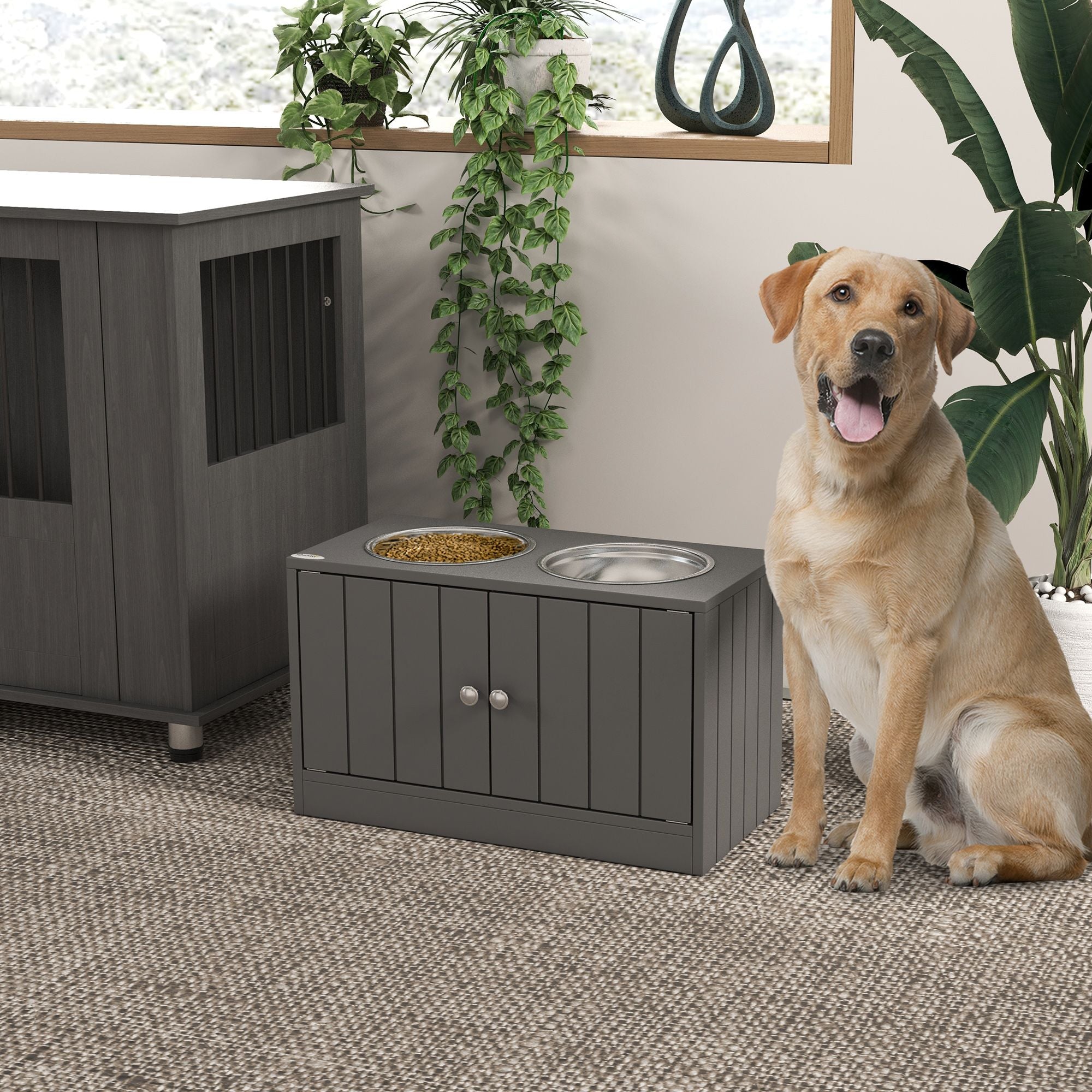 Elevate Mealtime & Organize Pet Gear with This Raised Dog Bowl & Storage Cabinet
