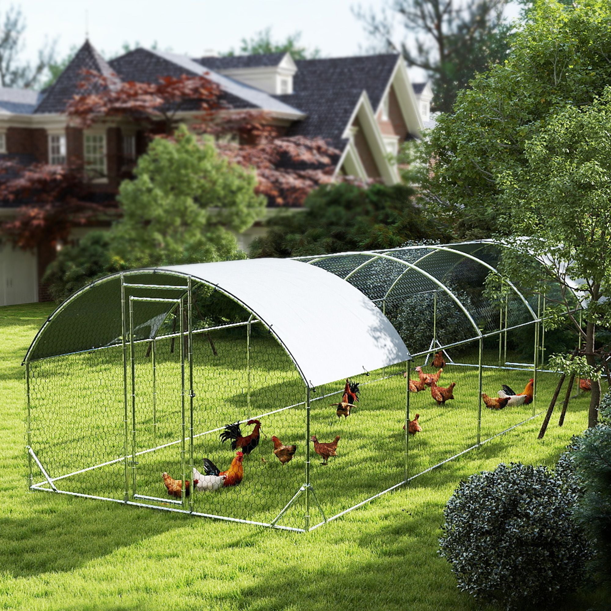 Large Metal Chicken Coop with Waterproof and Anti-UV Cover for Yard, Outdoor, Duck, Rabbit, 9.2' x 31.2' x 6.5'