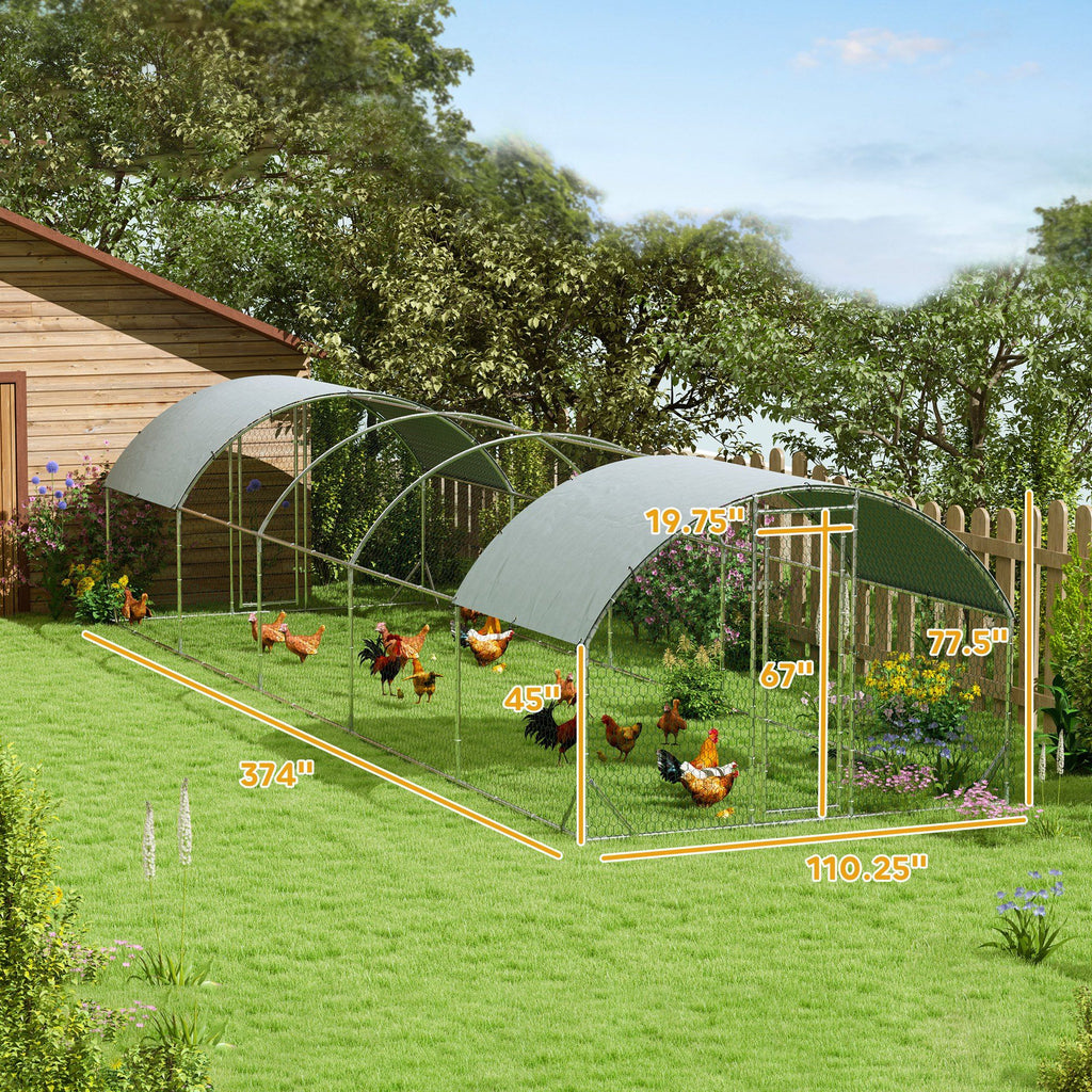 Large Metal Chicken Coop with Waterproof and Anti-UV Cover for Yard, Outdoor, Duck, Rabbit, 9.2' x 31.2' x 6.5'