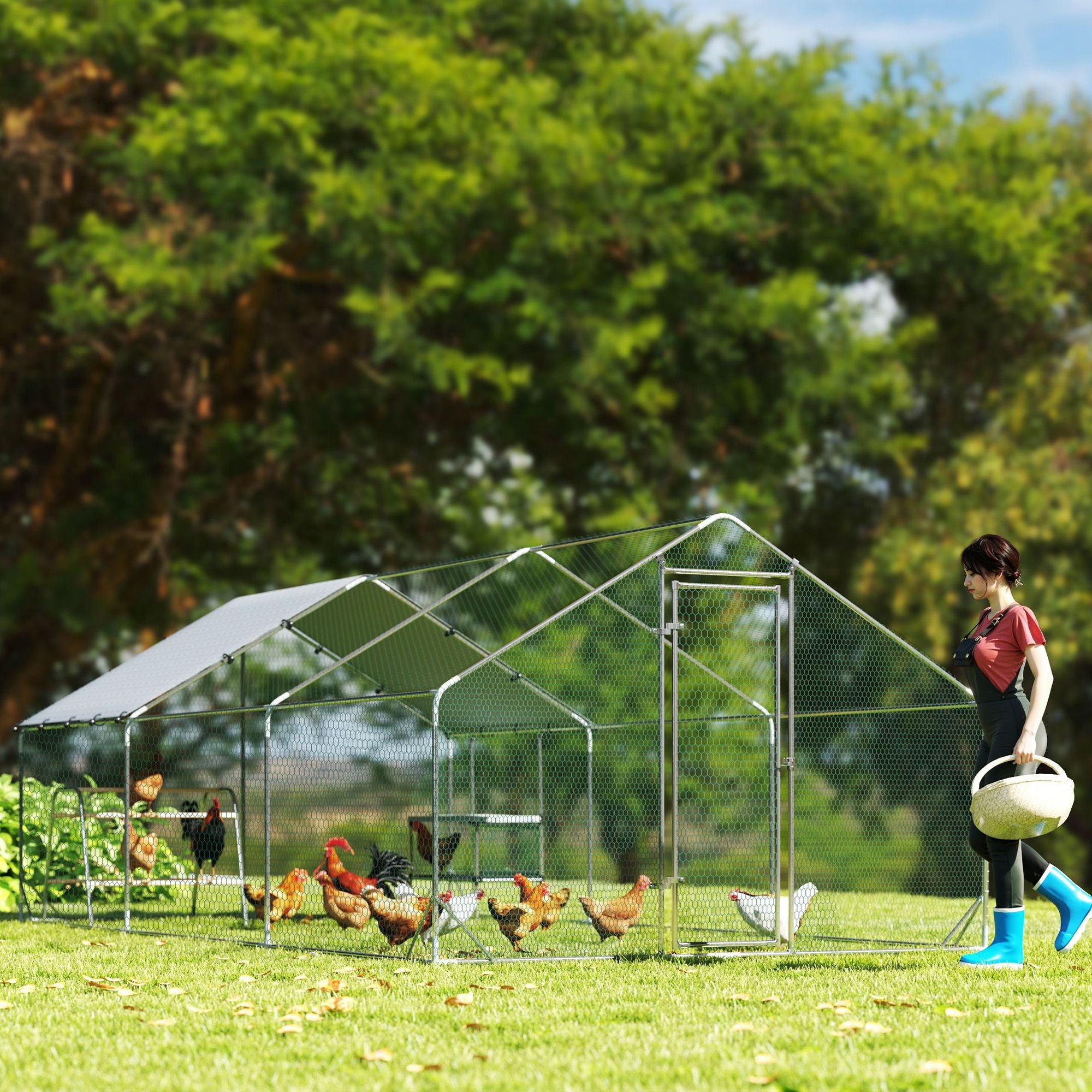 Large Metal Chicken Coop with Waterproof Cover, Roosting Bar, Nesting Box, 9.8' x 19.7' x 6.4'