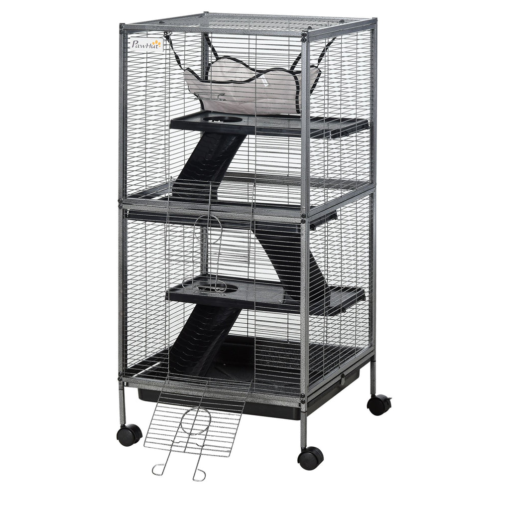 Spacious 4-Tier Small Animal Cage with Hammock and Rolling Wheels