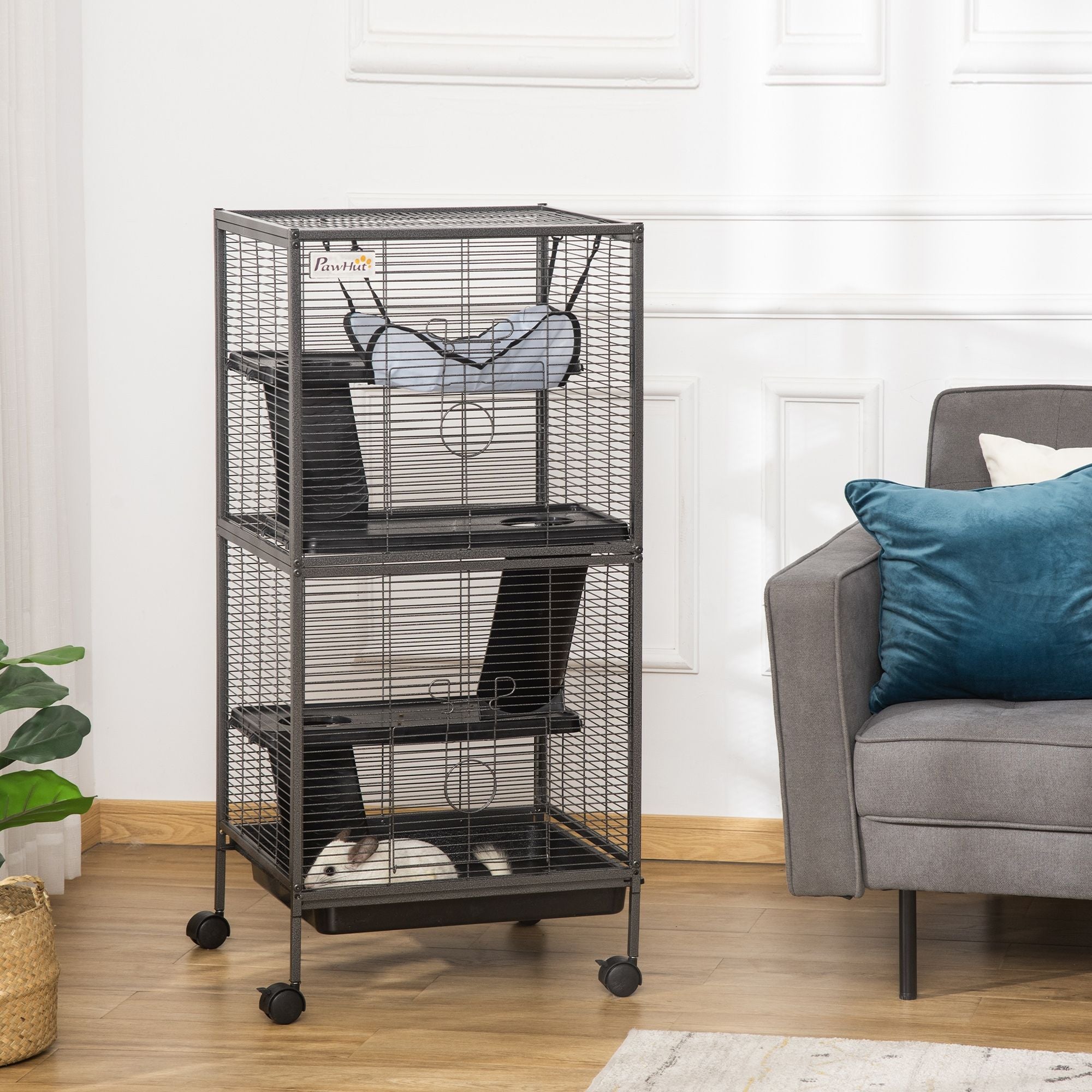 Spacious 4-Tier Small Animal Cage with Hammock and Rolling Wheels