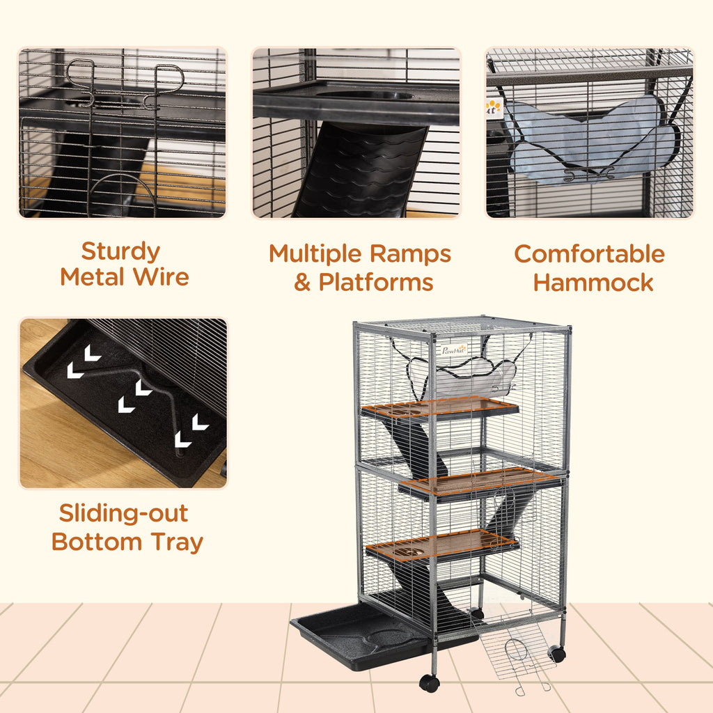 Spacious 4-Tier Small Animal Cage with Hammock and Rolling Wheels
