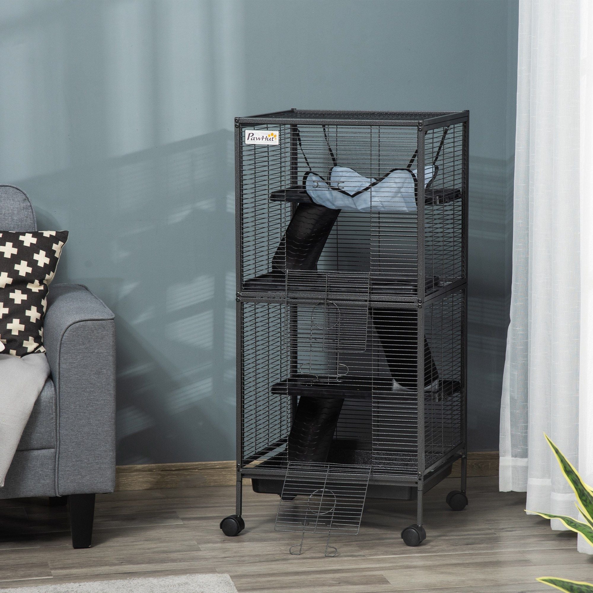 Spacious 4-Tier Small Animal Cage with Hammock and Rolling Wheels