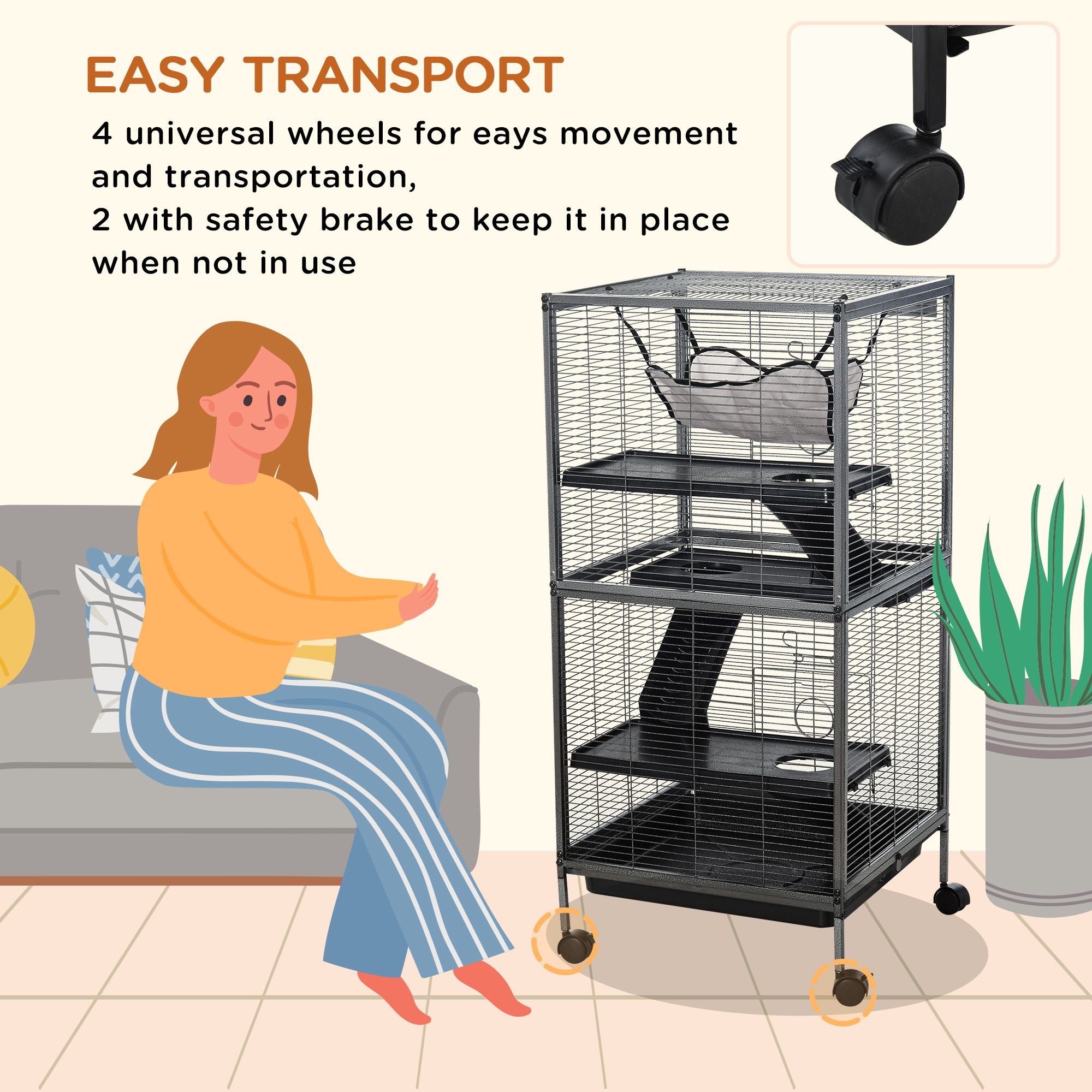 Spacious 4-Tier Small Animal Cage with Hammock and Rolling Wheels