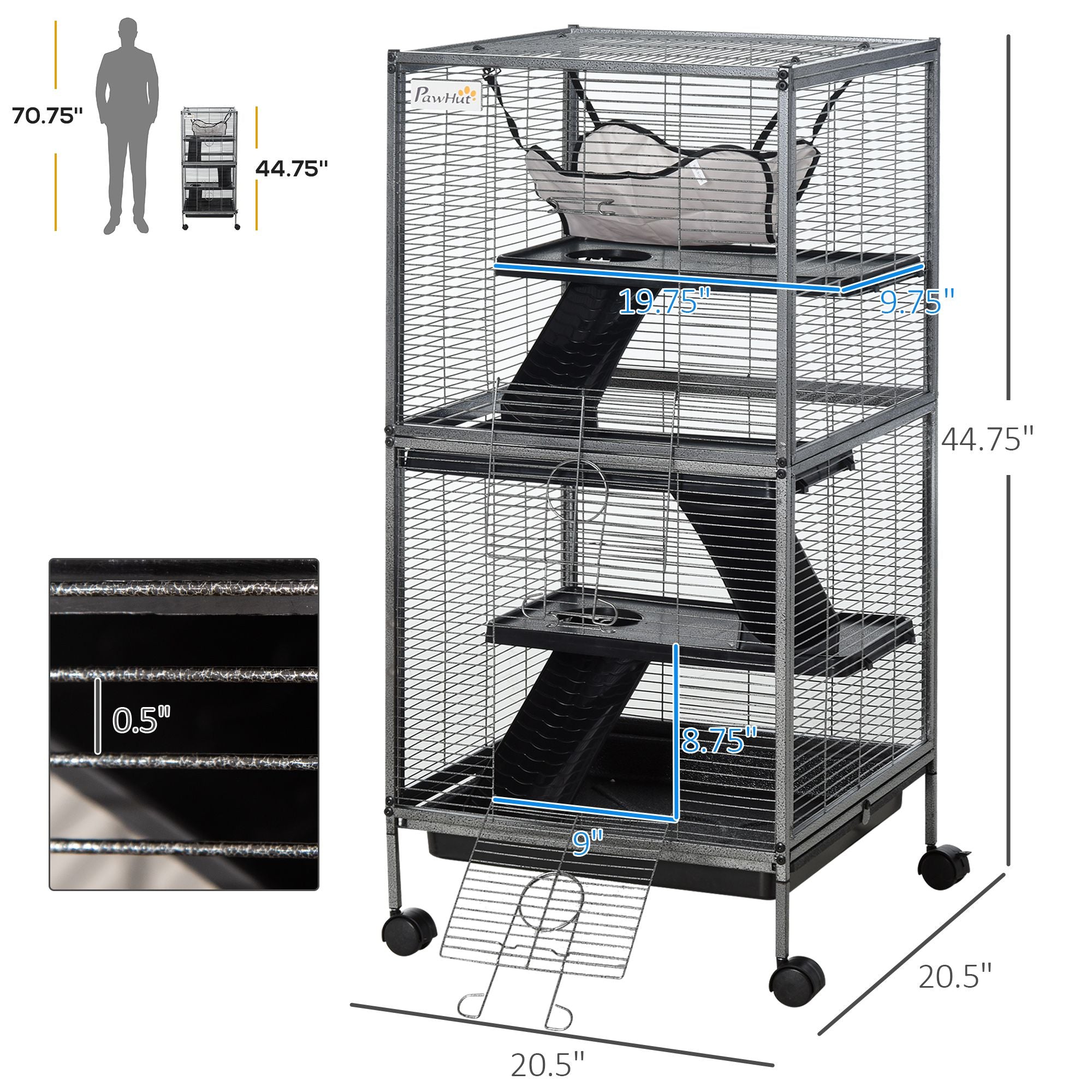 Spacious 4-Tier Small Animal Cage with Hammock and Rolling Wheels