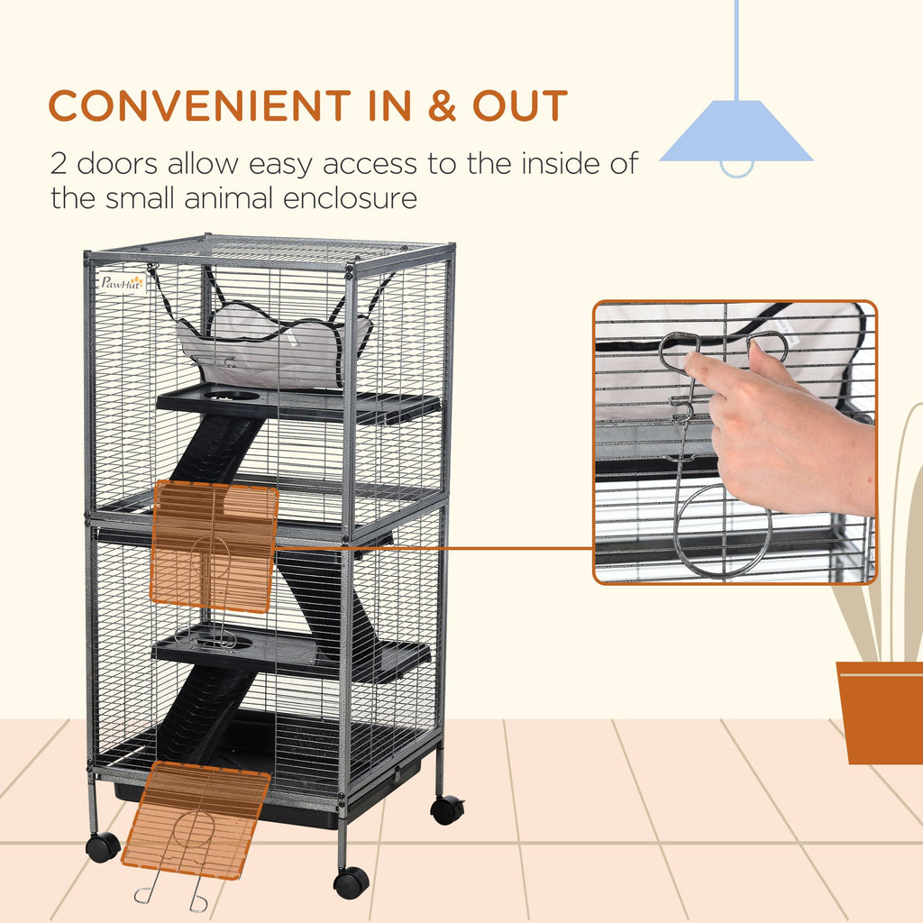 Spacious 4-Tier Small Animal Cage with Hammock and Rolling Wheels