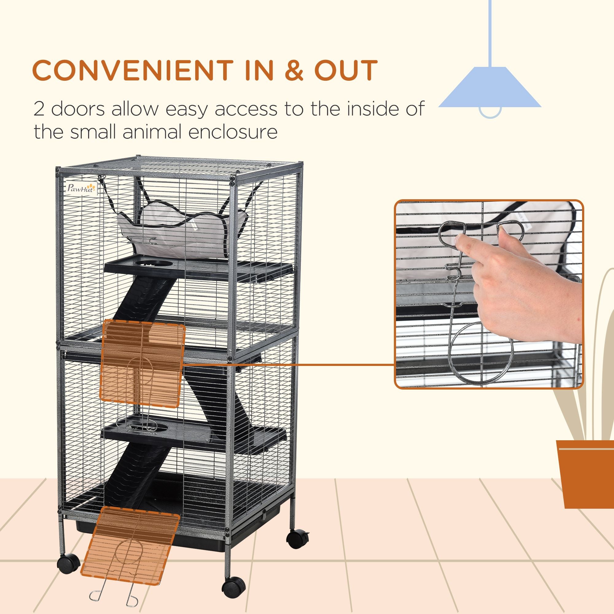 Spacious 4-Tier Small Animal Cage with Hammock and Rolling Wheels