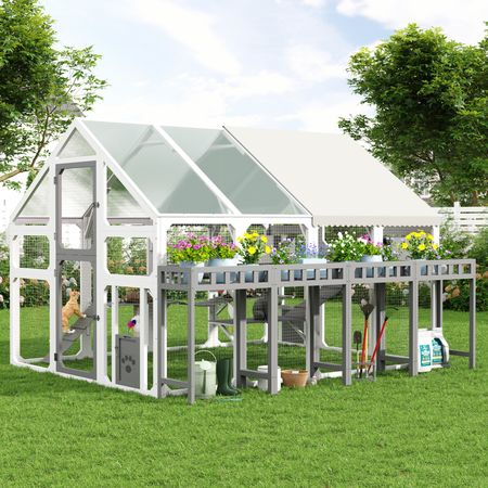 Multi-Level Outdoor Cat House with Planter, Weatherproof Roof, and Scratching Post