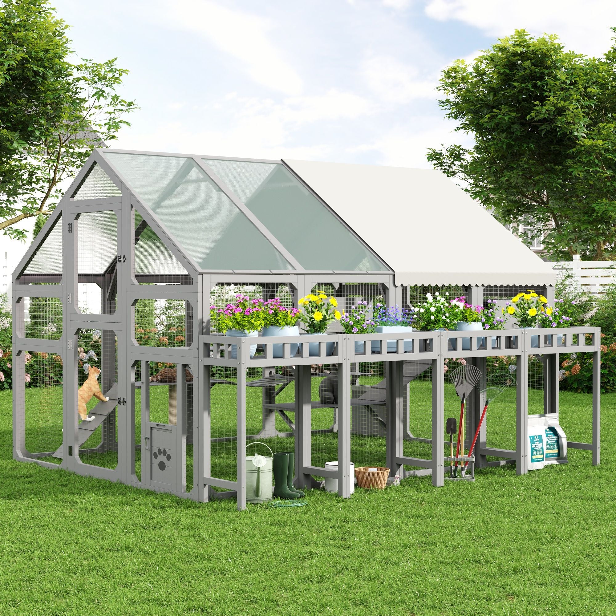Multi-Level Outdoor Cat House with Planter, Weatherproof Roof, and Scratching Post