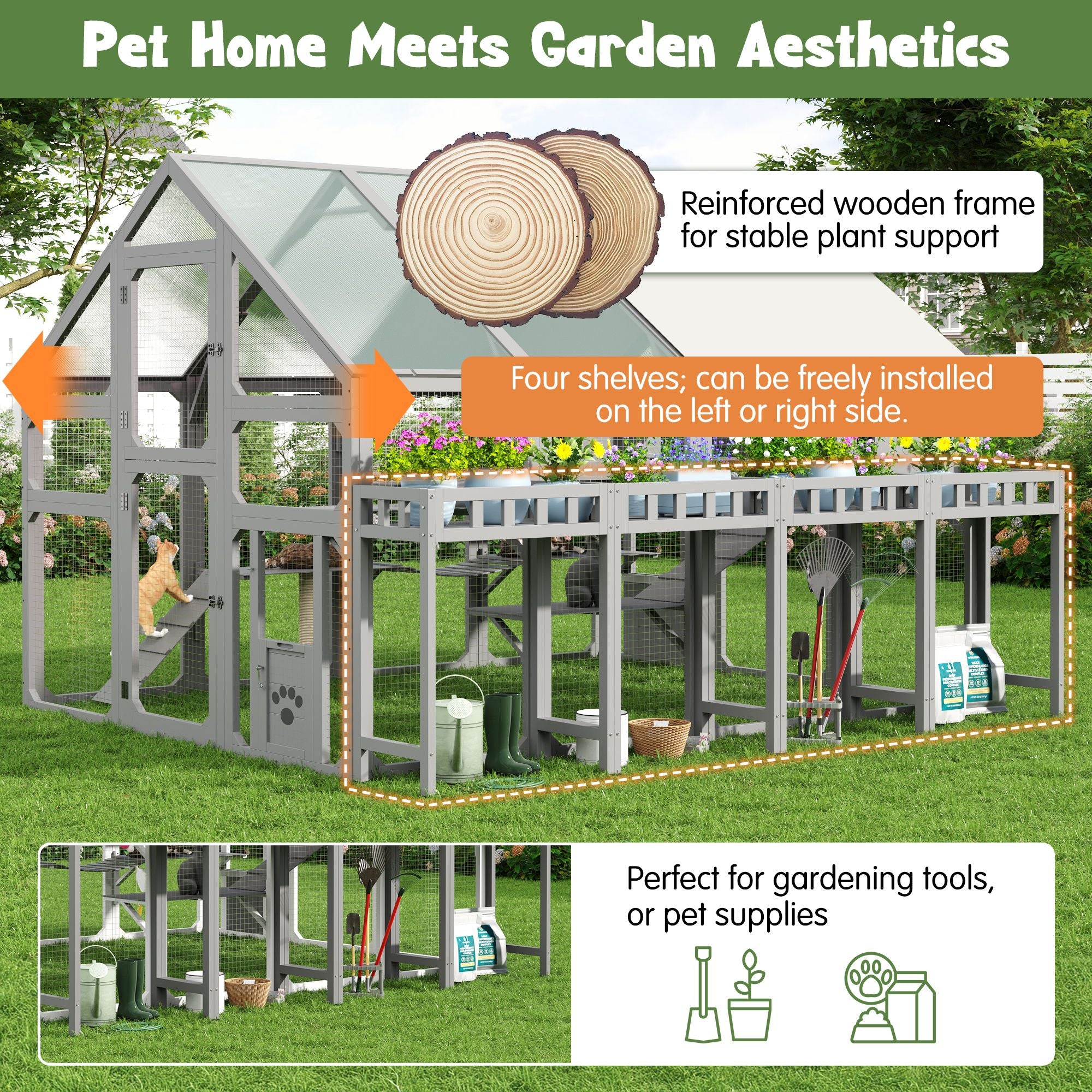 Multi-Level Outdoor Cat House with Planter, Weatherproof Roof, and Scratching Post