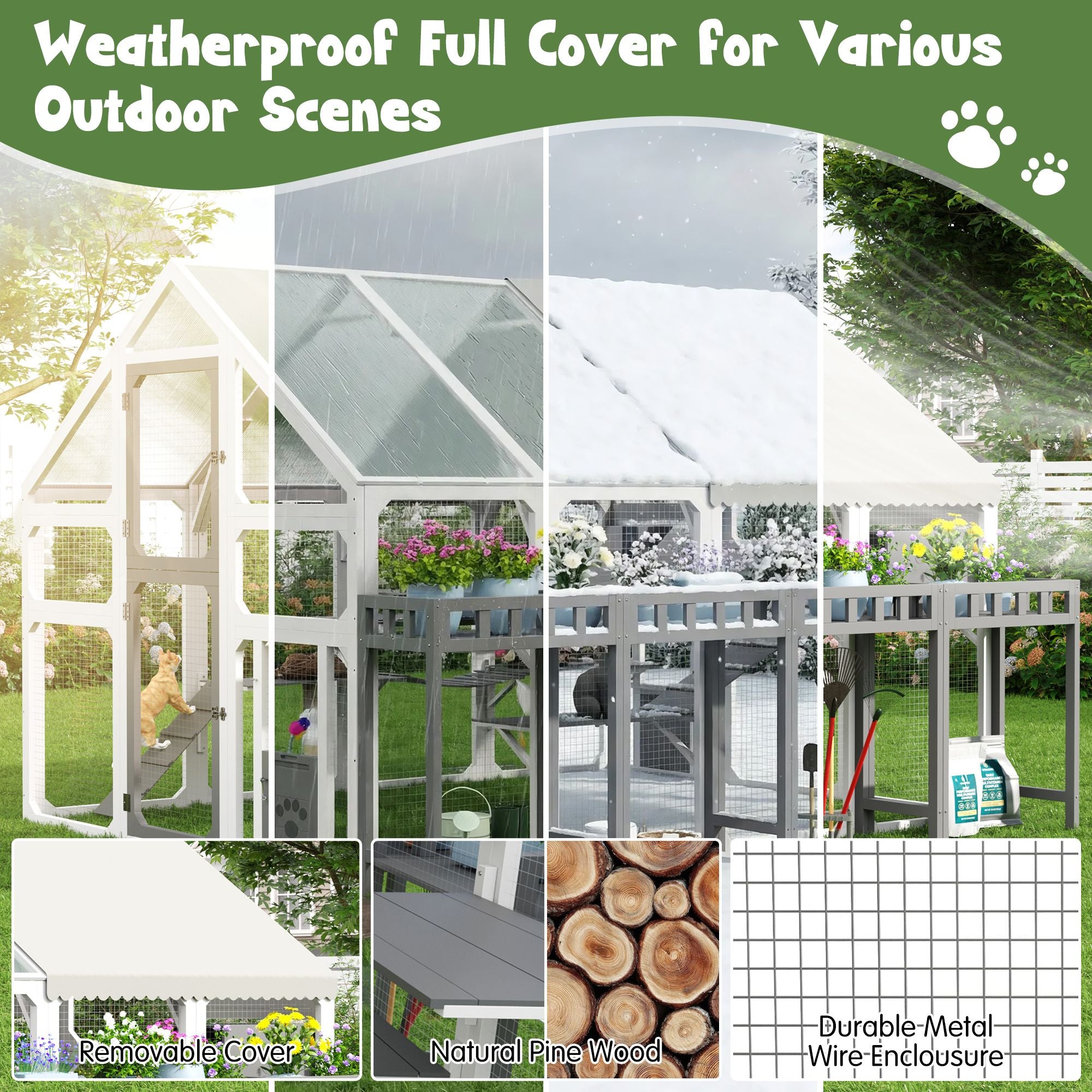 Multi-Level Outdoor Cat House with Planter, Weatherproof Roof, and Scratching Post